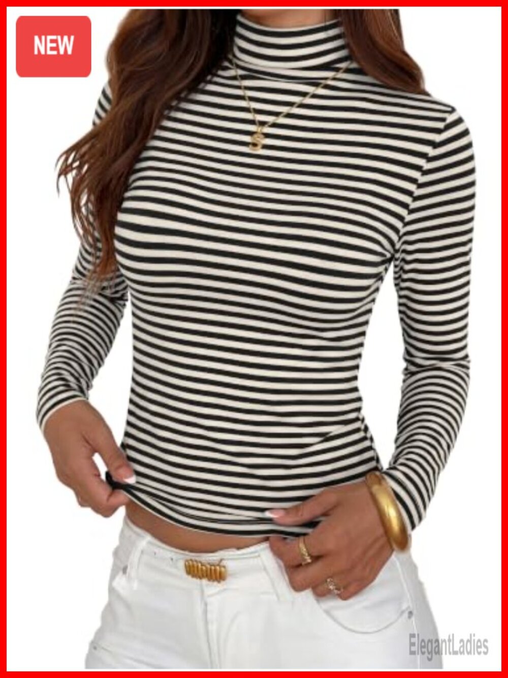 Women's Turtleneck Striped Long Sleeve Shirt High Stretch Lyocell Top